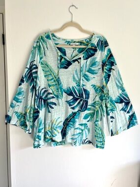 Chico's Linen Teal & Aqua Blue Boho Tropical Print Flowy V-Neck Blouse Top XL